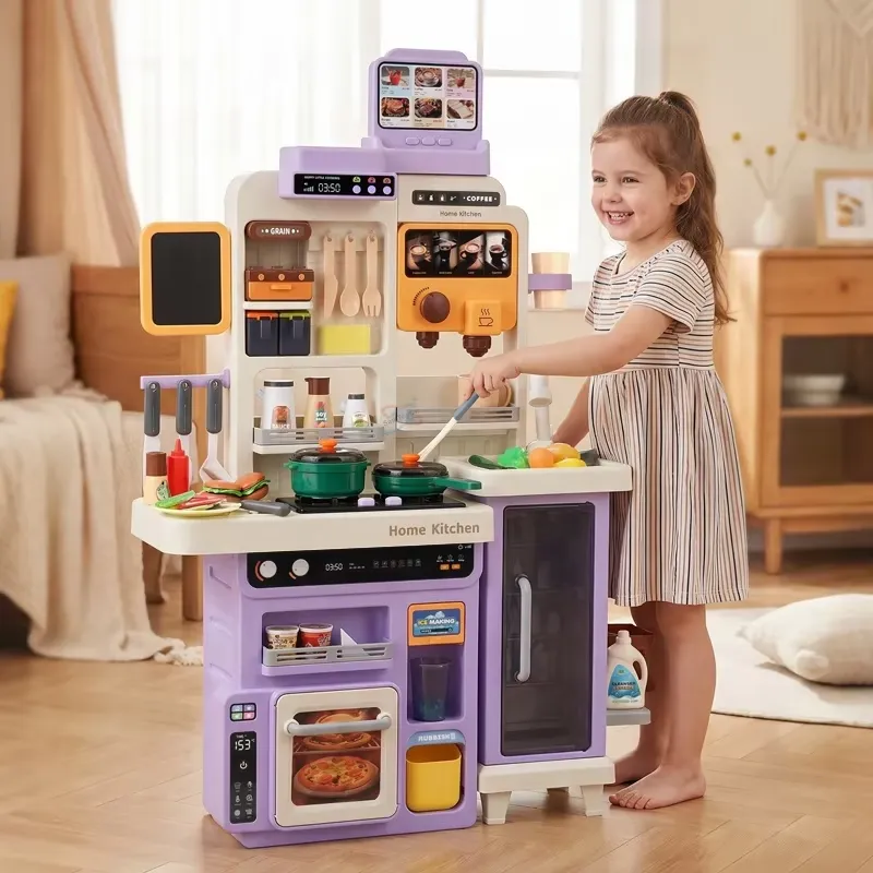Play Kitchen Set - 90cm大型ごっこ遊びキッチンセット（ライト、サウンド、シンク、おもちゃの食べ物、アクセサリー付き）子供向け知育ロールプレイギフト