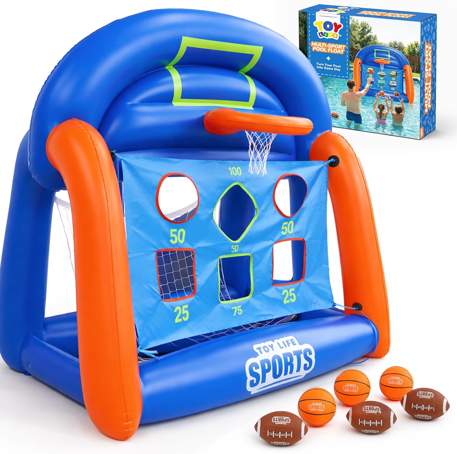 Kids Toys Play - 子供、ティーンエイジャー、大人向けのマルチスポーツプールゲーム用インフレータブル - バスケットボール＆フットボールウォータープレイセット、5歳から12歳向けの楽しい家族で遊べるプールトイ