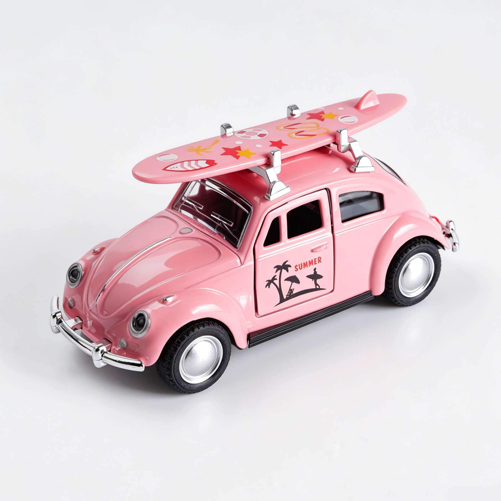 Kids Toys Car - 1:36 ピンクのフォルクスワーゲン ビートル ダイキャストカー、サーフボード付き、合金製プルバックモデル、ドアが開く、子供向けレトロな夏のビーチ玩具