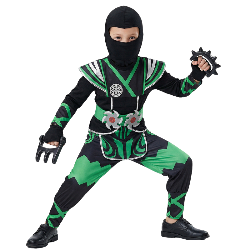 Kids Toys Play - グリーン忍者コスチューム 子供用 9PCおもちゃセット付き ハロウィン ロールプレイ サムライ衣装