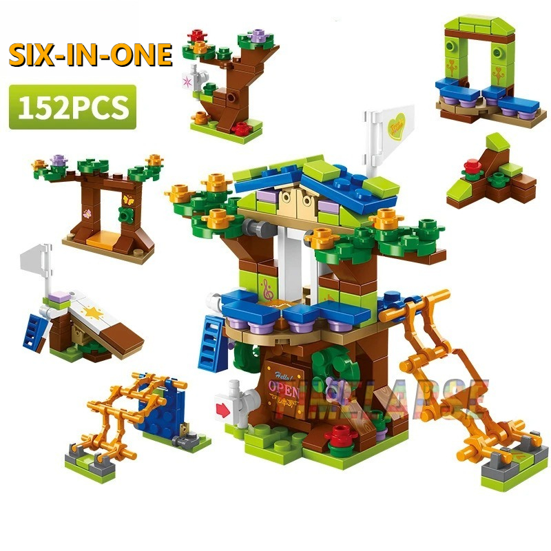 Kids Toys Christmas 2025 - 18+ 6-in-1 ツリーハウス ミニモデル ビルディングブロック 子供用教育用ストリートシーン組み立ておもちゃ