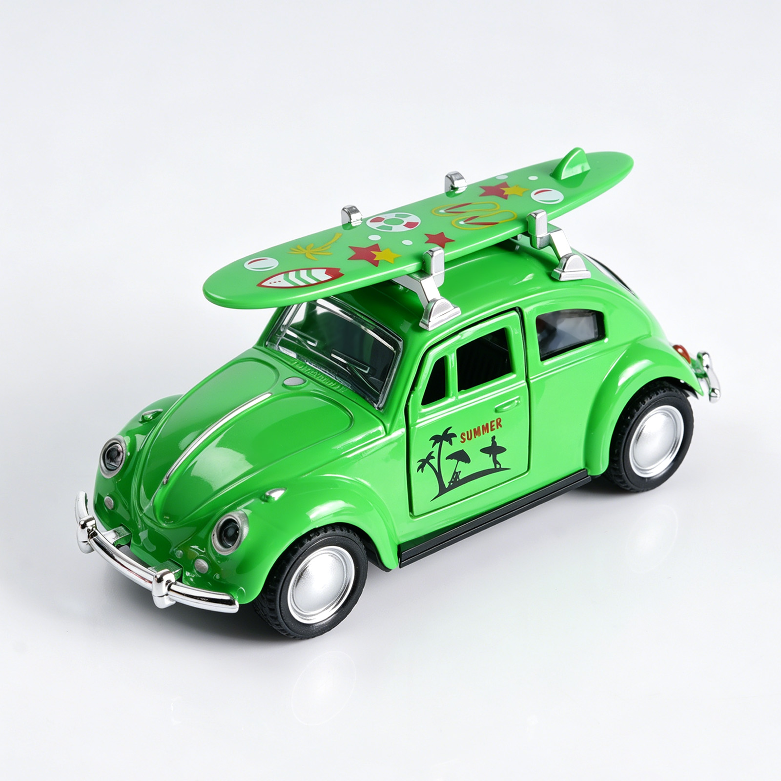 Kids Toys Car - レトログリーンビートルダイキャストカー、1:36スケール合金プルバックモデル、サーフボード付き、ドアが開く、子供向けサマービーチトイ